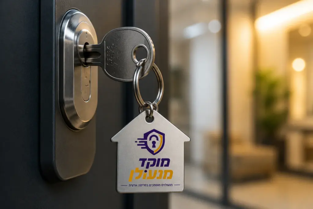מפתח בית עם מחזיק מפתחות מוקד מנעולן בדלת כניסה - שירות מנעולן ארצי